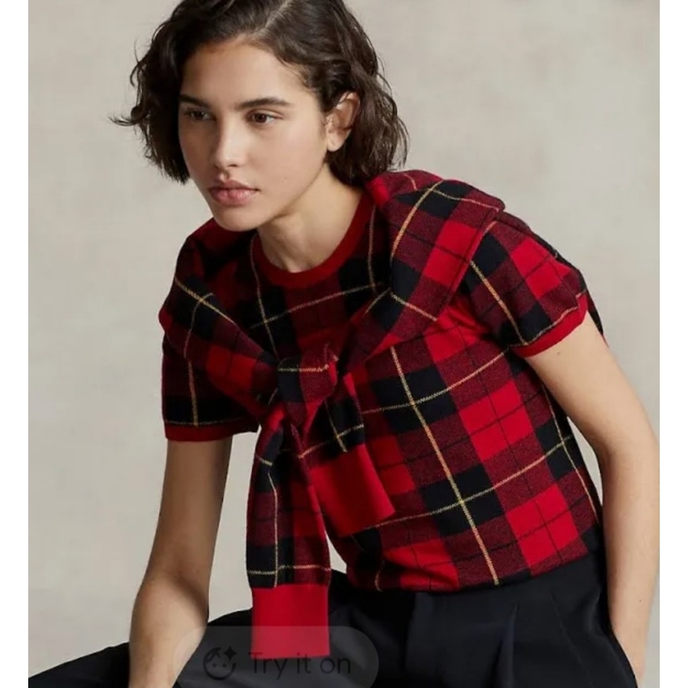Polo by Ralph Lauren Red and Black Wool-Blend Plaid Puff Sleeve Sweater